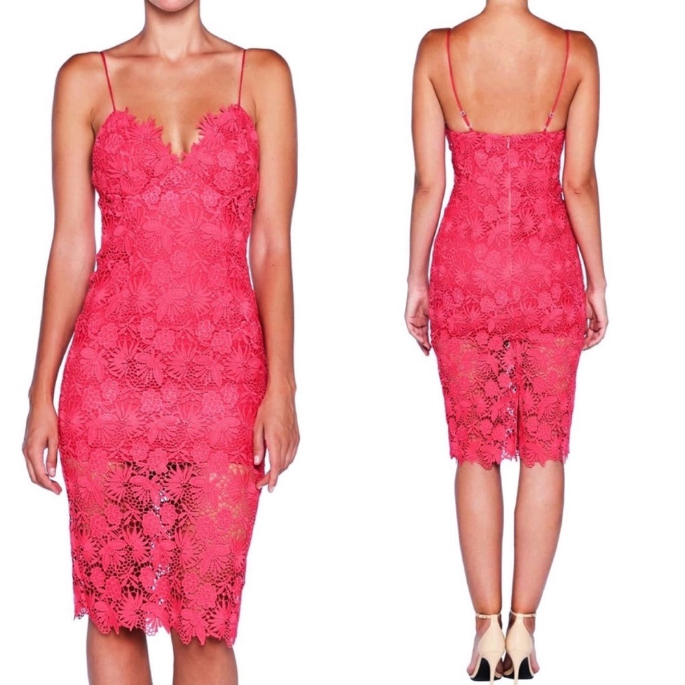Bardot Hot Pink Lace Bodycon Midi Dress